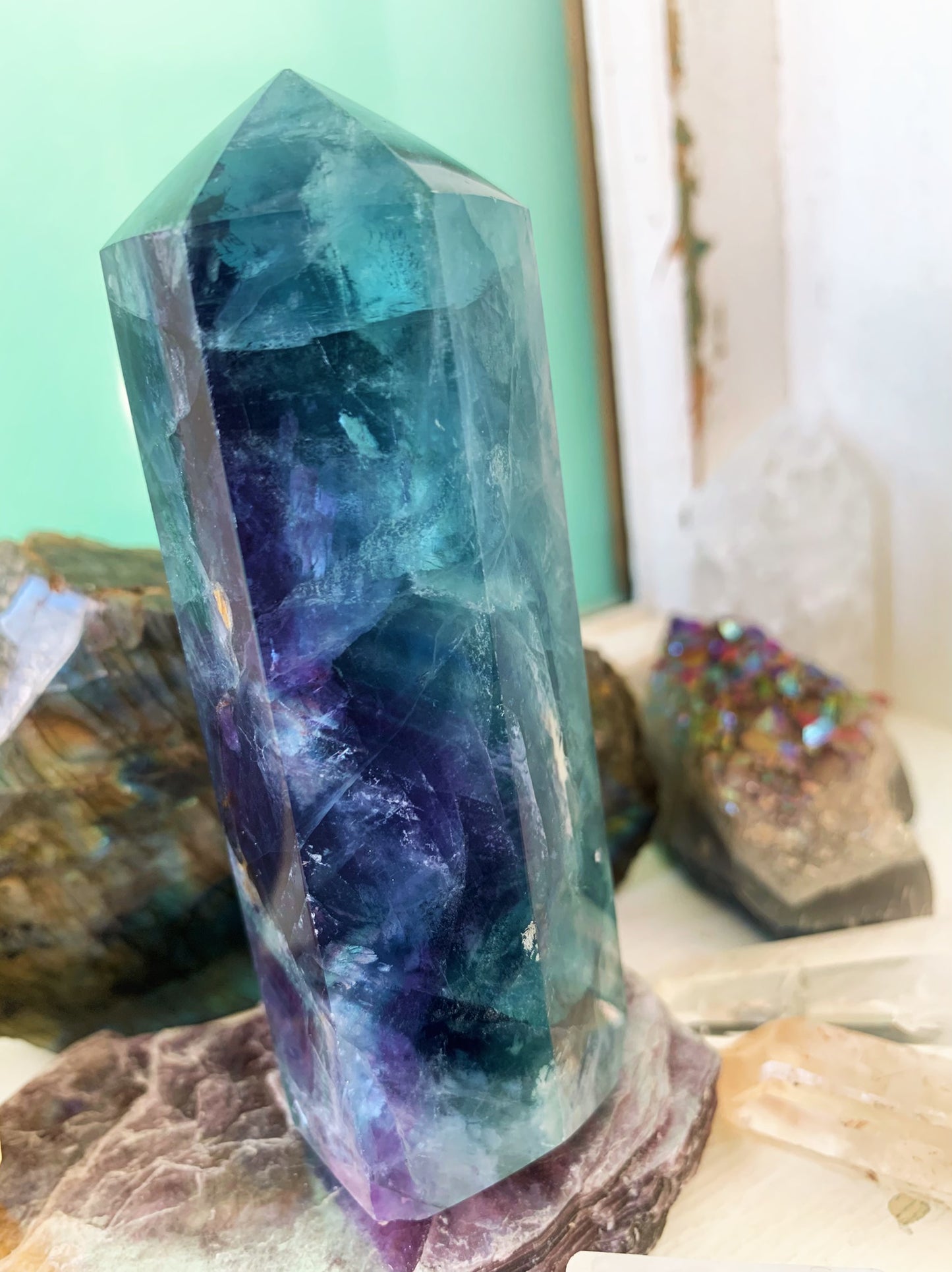 Rainbow Fluorite Tower #4 Black Tourmaline Inclusion