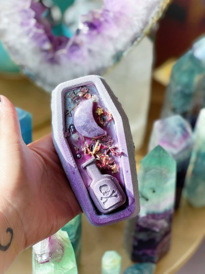 Moon Milk Coffin Bubble Bomb with Lepidolite Crystal