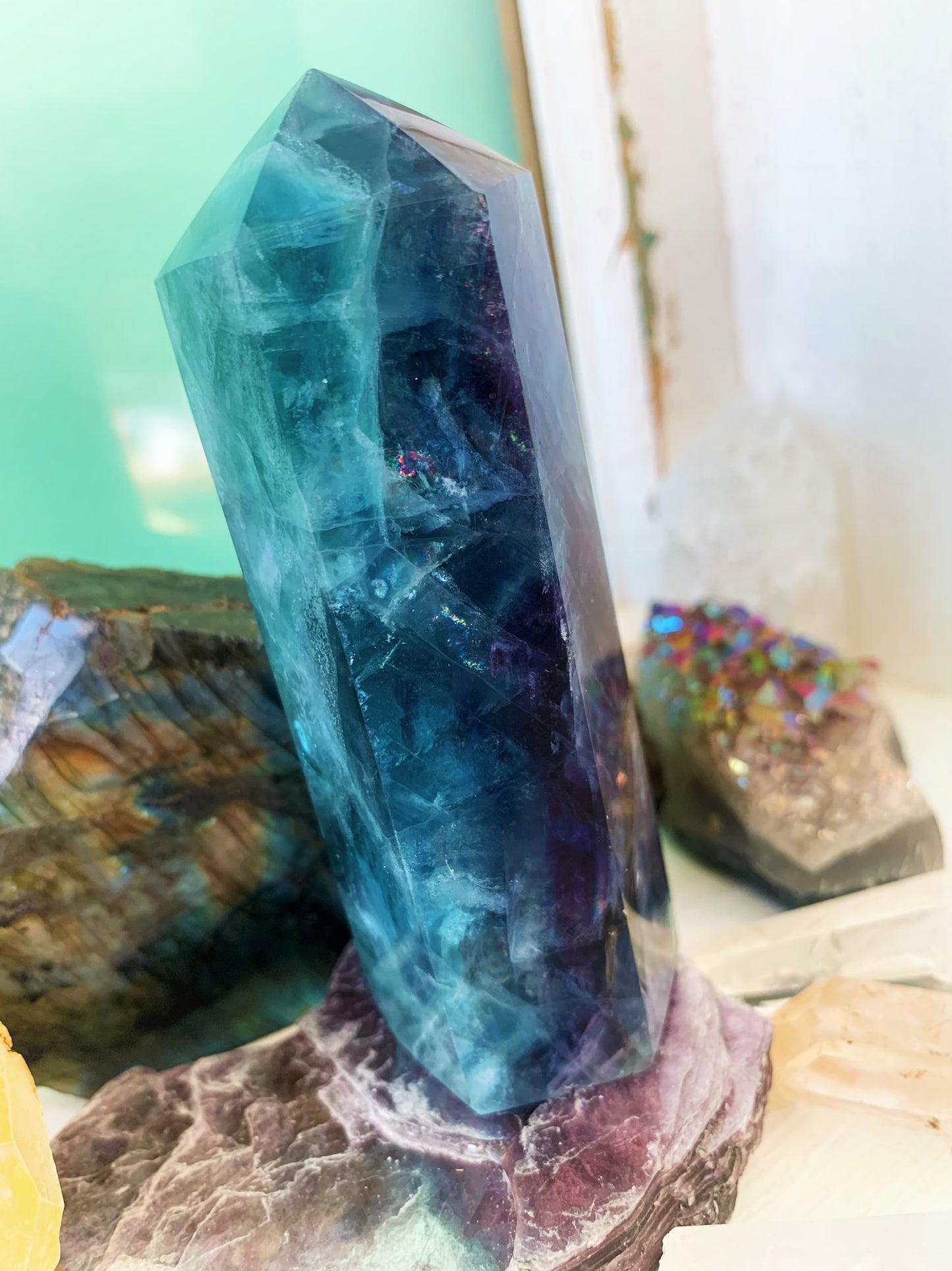 Rainbow Fluorite Tower #4 Black Tourmaline Inclusion