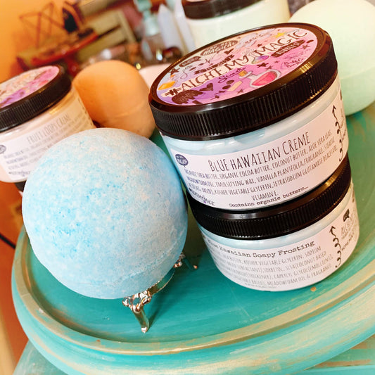 Alchemy blue hawaiian trio - bubble bomb 4pk with matching creme and soapy frosting