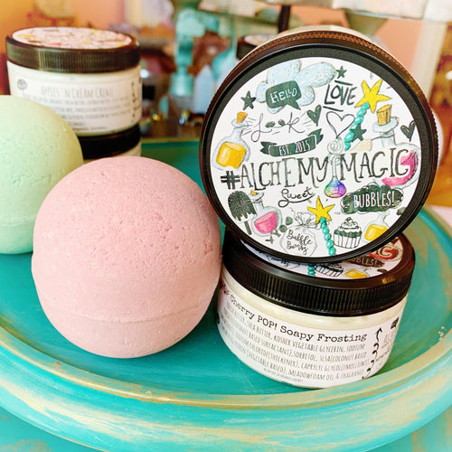 Alchemy Cherry POP! Trio - bubble bomb 4pk with matching creme and soapy frosting