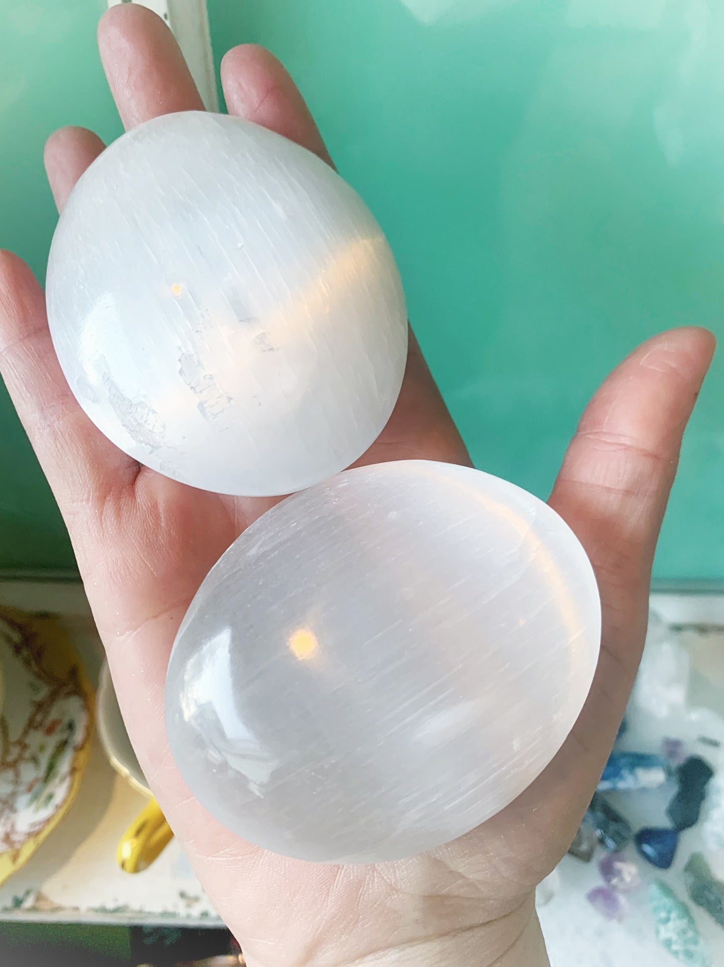 Large selenite palm stone